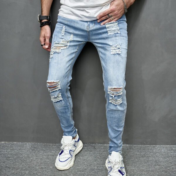 Men's Street Distressed Slim Fit Elastic Jeans - Image 2