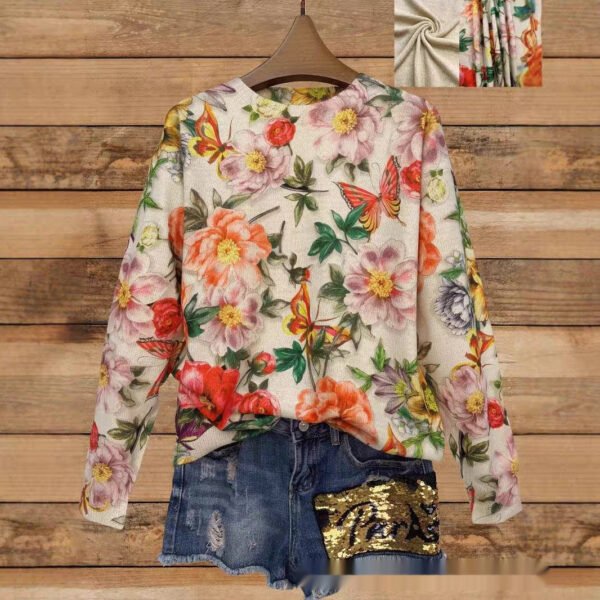 Autumn Thin Printed Round Neck Long Sleeve Knitted Loose Casual Top - Image 6