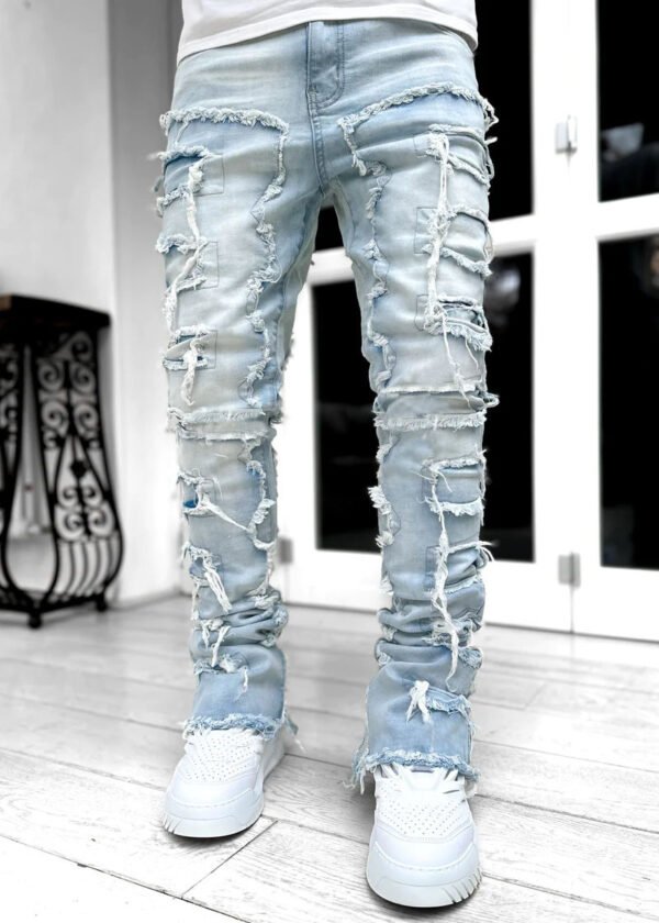 Men Trousers Individual Patched Pants Long Tight Fit Stacked Jeans For Mens Clothing - Image 8