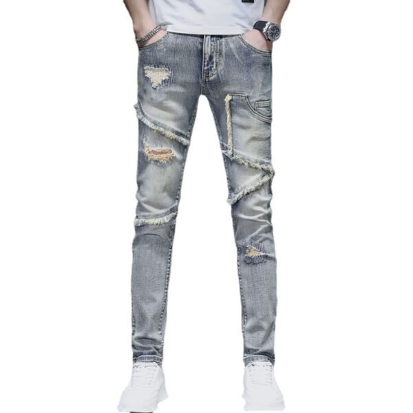 Distressed Raw Hem Ripped Stitching Stretch Denim Trousers - Image 8