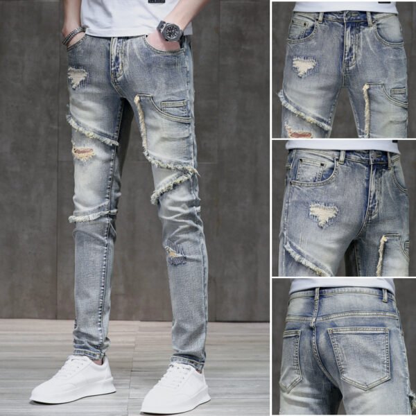 Distressed Raw Hem Ripped Stitching Stretch Denim Trousers