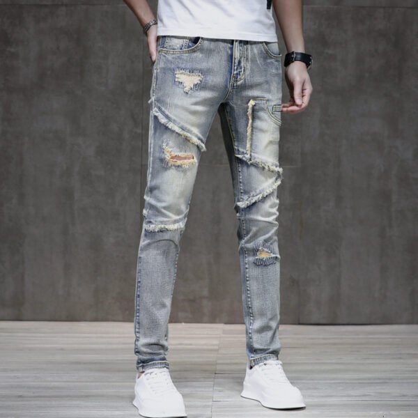 Distressed Raw Hem Ripped Stitching Stretch Denim Trousers - Image 3