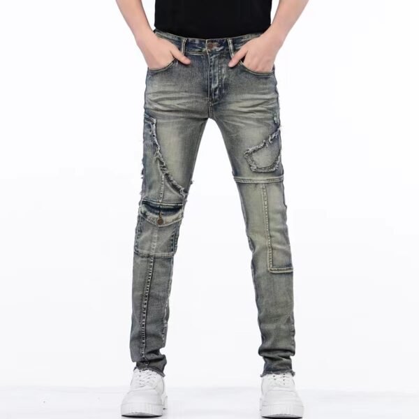 Distressed Raw Hem Ripped Stitching Stretch Denim Trousers - Image 10