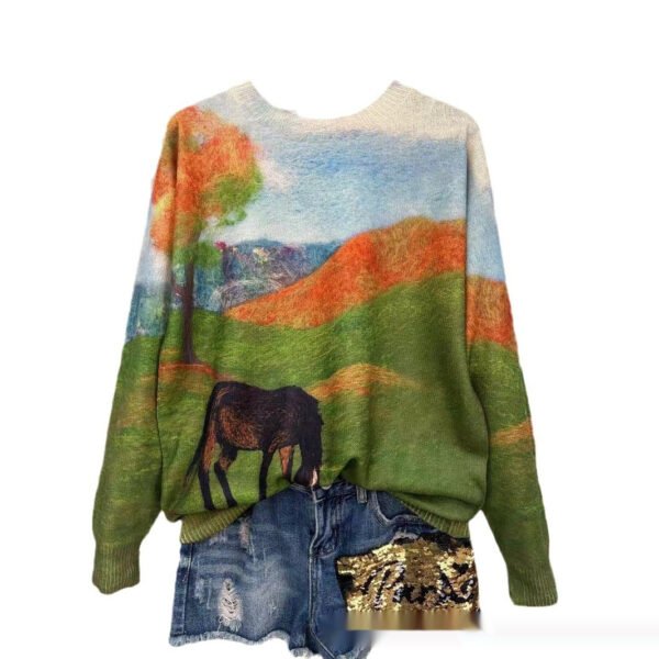 Autumn Thin Printed Round Neck Long Sleeve Knitted Loose Casual Top - Image 3