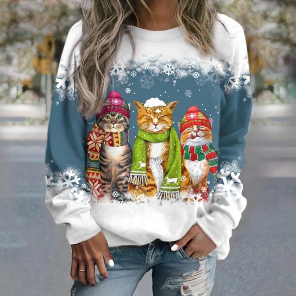 Christmas Snowman and Cat Printed Long Sleeve Casual T-shirt for Women - Image 9