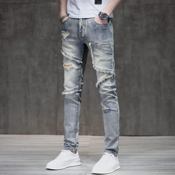 Distressed Raw Hem Ripped Stitching Stretch Denim Trousers - Image 7