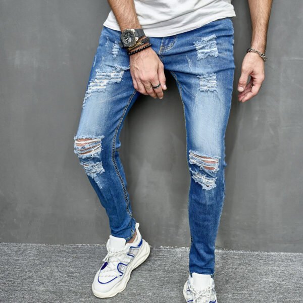 Men's Street Distressed Slim Fit Elastic Jeans - Image 4