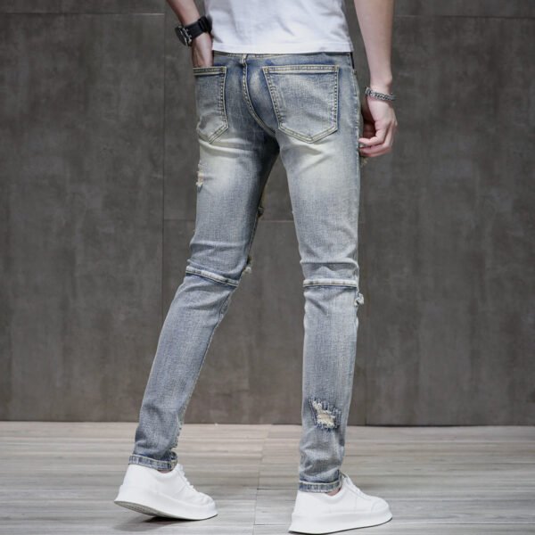 Distressed Raw Hem Ripped Stitching Stretch Denim Trousers - Image 2