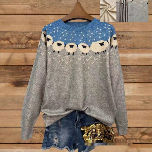 Autumn Thin Printed Round Neck Long Sleeve Knitted Loose Casual Top - Image 5