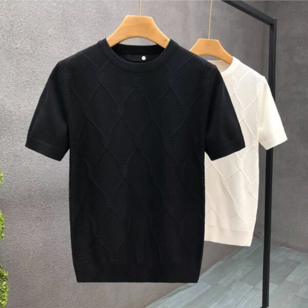 Diamond Lattice White Sweater With Short Sleeves Men's Slim Bottoming Shirt - Image 2