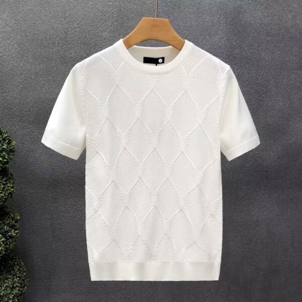 Diamond Lattice White Sweater With Short Sleeves Men's Slim Bottoming Shirt - Image 4