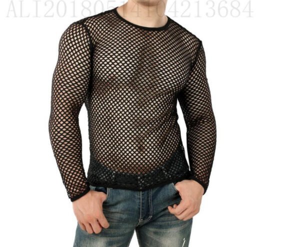 Men's Personality Coquettish Hollow Mesh Street Fashion Sheer Long Sleeve Shirt - Image 9