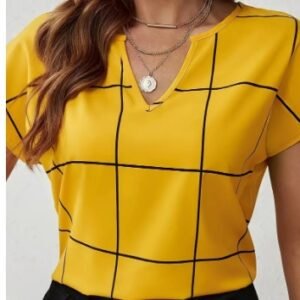 Plaid Print Notched Neck Blouse, Casual Short Sleeve Blouse For Spring & Summer, Women's Clothing