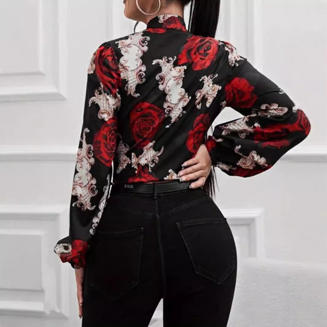 Long Sleeve V-neck Printed Streamer Lace Top - Image 6