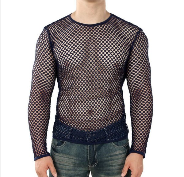 Men's Personality Coquettish Hollow Mesh Street Fashion Sheer Long Sleeve Shirt - Image 3